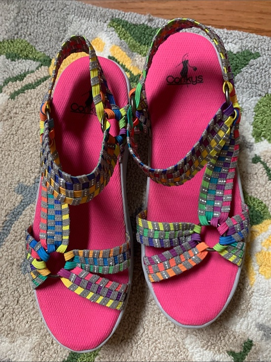 Corkys Shoes - Corkys Hot Pink Footbed Multicolor Woven Slingback Sandals